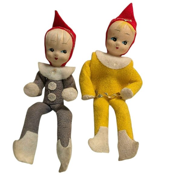 2 Vintage Christmas Pixie Elf Dolls MCM Shelf Sitter Posable Felt Holiday Decor - Picture 5 of 9